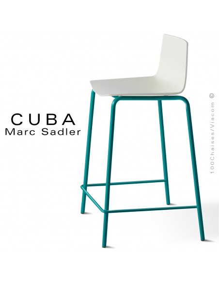 Tabouret design CUBA-ECO, piétement peint bleu d'eau, assise coque plastique blanc pur.