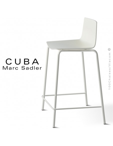 Tabouret design CUBA-ECO, piétement peint blanc pur, assise coque plastique blanc pur.