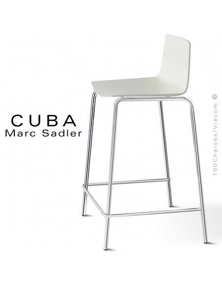 Tabouret design CUBA-ECO, piétement chromé brillant, assise coque plastique blanc pur.