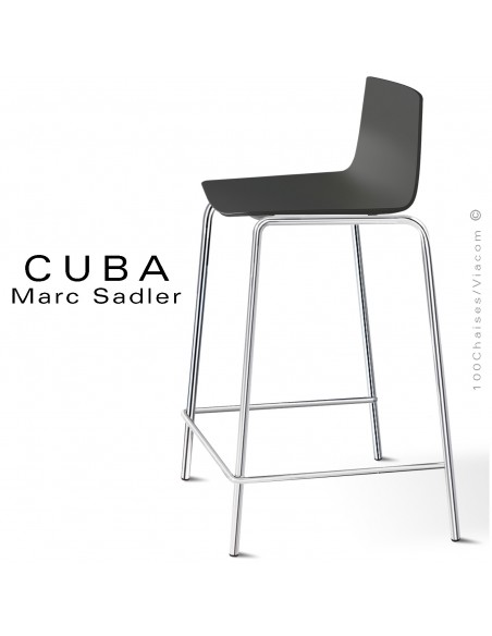 Tabouret design CUBA-ECO, piétement chromé brillant, assise coque plastique noir.
