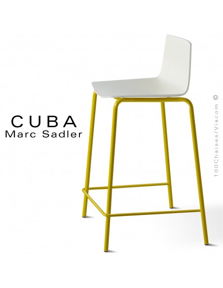 Tabouret design CUBA-ECO, piétement peint jaune Curry, assise coque plastique blanc pur.