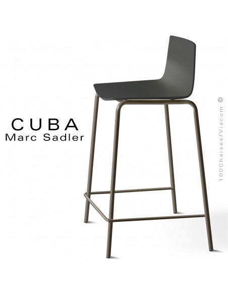 Tabouret design CUBA-ECO, piétement peint marron, assise coque plastique noir.