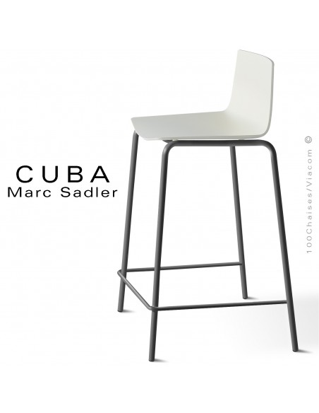Tabouret design CUBA-ECO, piétement peint noir, assise coque plastique blanc pur.