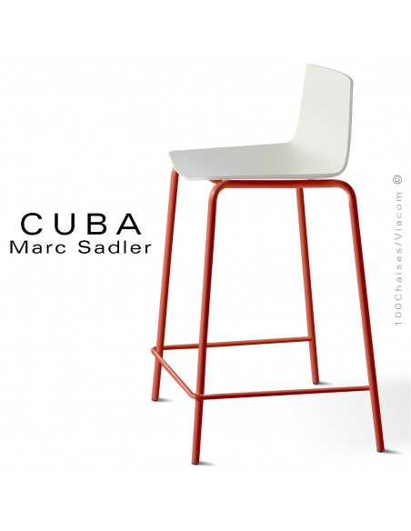 Tabouret design CUBA-ECO, piétement peint rouge Corail, assise coque plastique blanc pur.