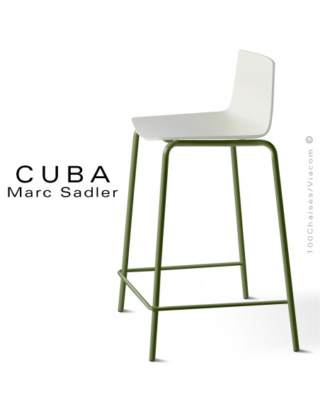 Tabouret design CUBA-ECO, piétement peint vert Olive, assise coque plastique blanc pur.