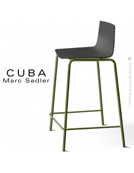 Tabouret design CUBA-ECO, piétement peint vert Olive, assise coque plastique noir.