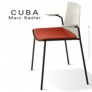 Fauteuil design CUBA, piétement noir intense, coque plastique blanc pur, habillage tissu Medley orange.