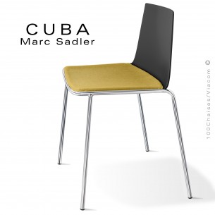 Chaise design CUBA, piétement 4 pieds chromé brillant, assise coque noir, habillage tissu Medley couleur jaune.