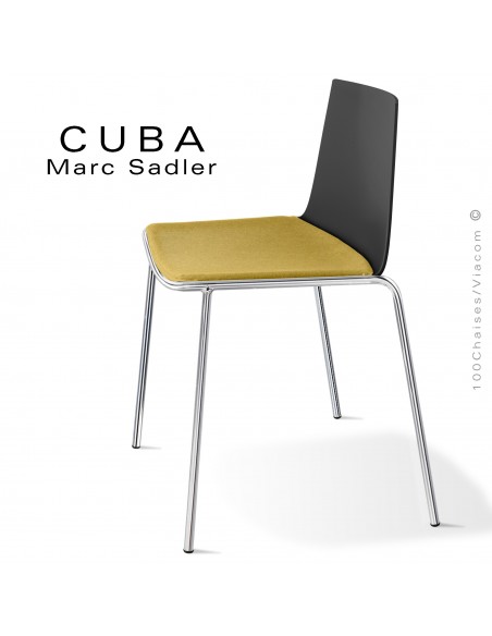 Chaise design CUBA, piétement 4 pieds chromé brillant, assise coque noir, habillage tissu Medley couleur jaune.