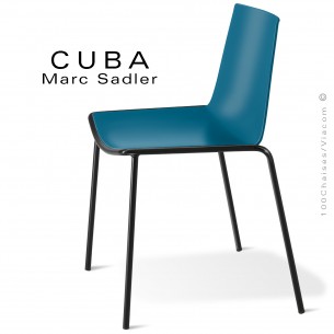Chaise design CUBA, assise coque plastique couleur bleu Capri, structure acier peint noir intense.