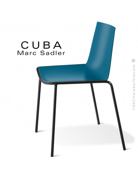 Chaise design CUBA, assise coque plastique couleur bleu Capri, structure acier peint noir intense.