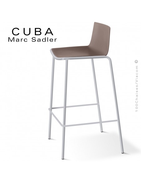 Tabouret de bar design CUBA, piétement 4 pieds peint aluminum, assise coque plastique couleur argile.