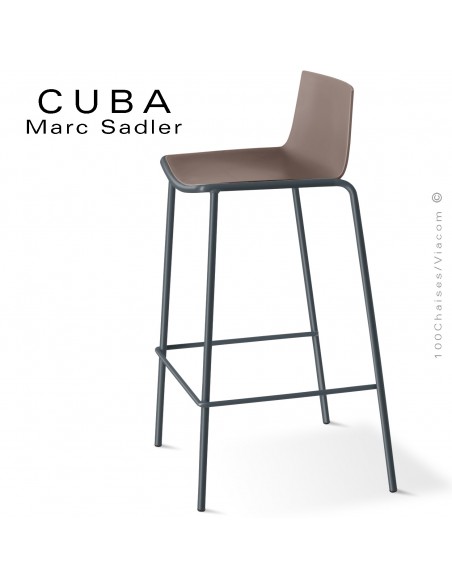 Tabouret de bar design CUBA, piétement 4 pieds peint peint anthracite, assise coque plastique couleur argile.