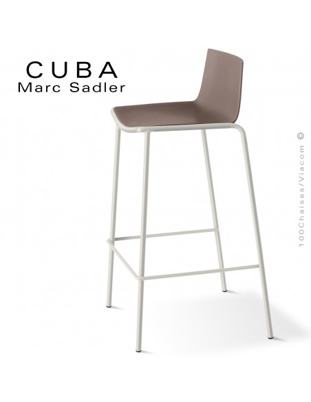Tabouret de bar design CUBA, piétement 4 pieds peint blanc pur, assise coque plastique couleur argile.