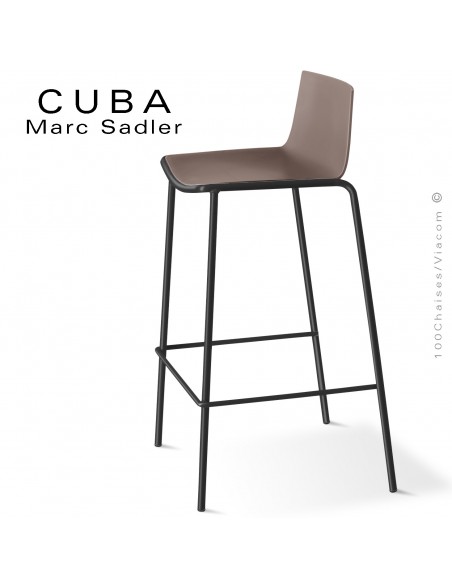 Tabouret de bar design CUBA, piétement 4 pieds peint noir, assise coque plastique couleur argile.