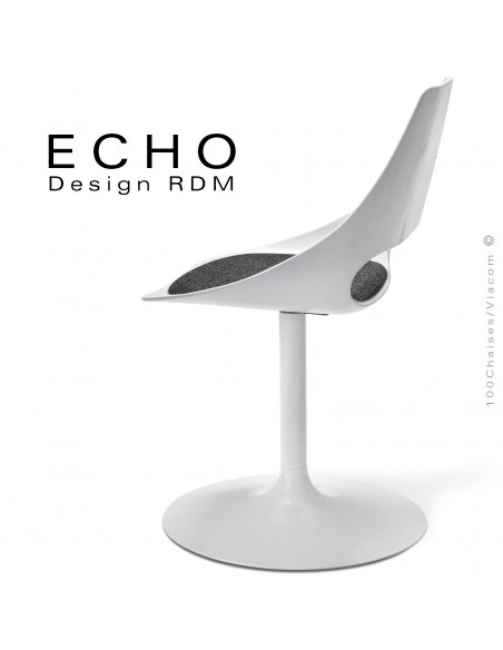 Chaise design ECHO, piétement type tulipe peint blanc, assise coque plastique blanc avec coussin amovible feutre anthracite.