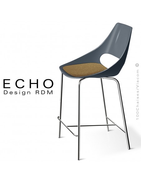 Tabouret de cuisine design seventies ECHO, piétement 4 pieds chromé brillant, assise plastique couleur. Avec coussin feutre.