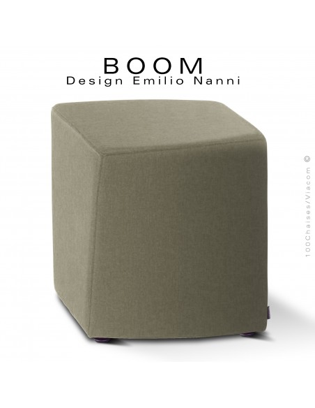 Pouf ou petit tabouret design d'appoint BOOM, structure multiplis de hêtre, habillage mousse et tissu couleur argile.