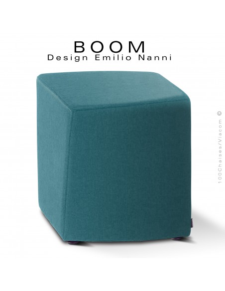 Pouf ou petit tabouret design d'appoint BOOM, structure multiplis de hêtre, habillage mousse et tissu couleur bleu clair.