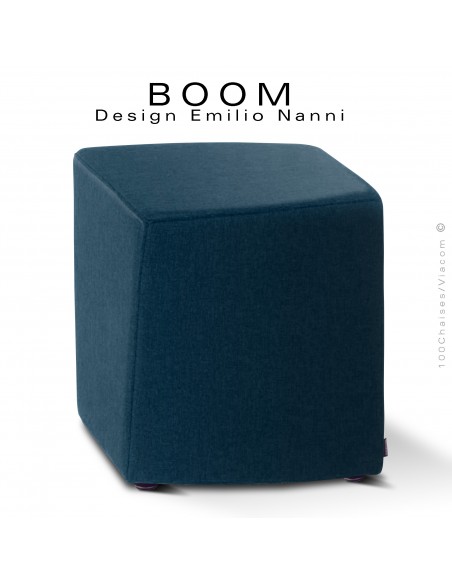 Pouf ou petit tabouret design d'appoint BOOM, structure multiplis de hêtre, habillage mousse et tissu couleur bleu foncé.