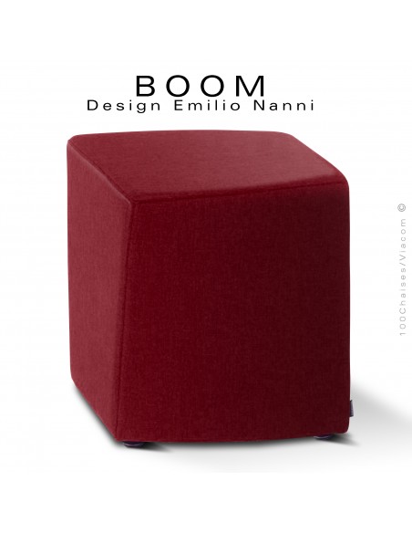 Pouf ou petit tabouret design d'appoint BOOM, structure multiplis de hêtre, habillage mousse et tissu couleur bordeaux.