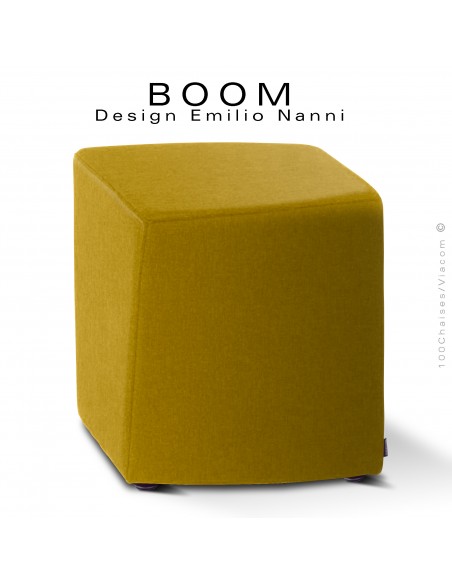 Pouf ou petit tabouret design d'appoint BOOM, structure multiplis de hêtre, habillage mousse et tissu couleur jaune paille.