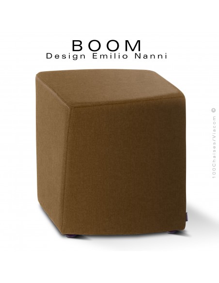 Pouf ou petit tabouret design d'appoint BOOM, structure multiplis de hêtre, habillage mousse et tissu couleur moka.