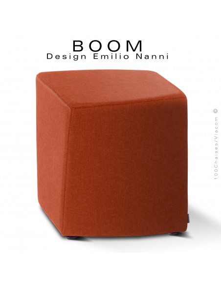Pouf ou petit tabouret design d'appoint BOOM, structure multiplis de hêtre, habillage mousse et tissu couleur orange.