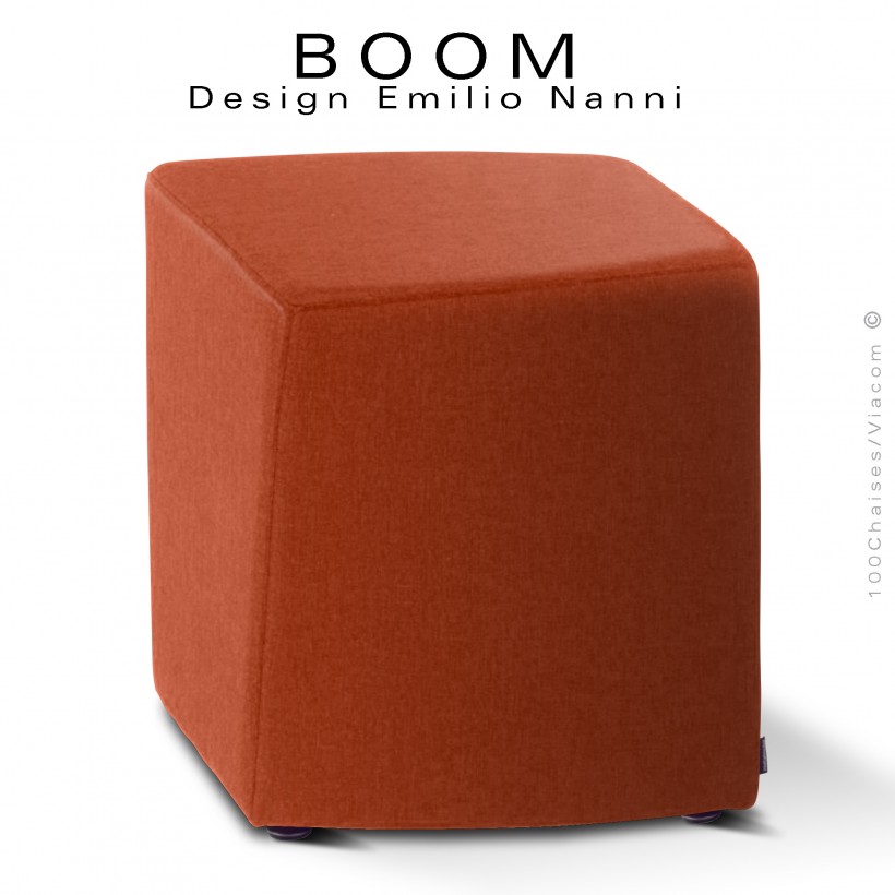 Pouf ou petit tabouret design d'appoint BOOM, structure multiplis de hêtre, habillage mousse et tissu couleur orange.