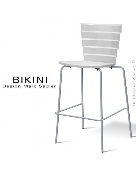 Tabouret de bar design BIKINI, piétement peint gris-aluminium, assise coque plastique couleur blanche.