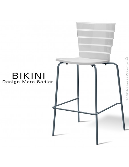 Tabouret de bar design BIKINI, piétement peint anthracite, assise coque plastique couleur blanche.