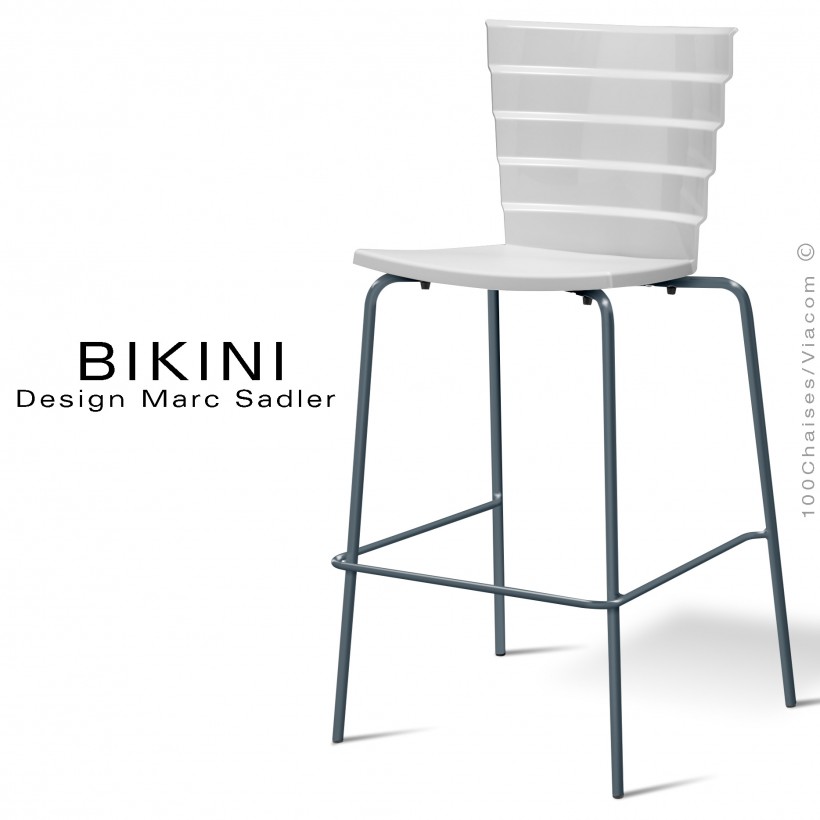 Tabouret de bar design BIKINI, piétement peint anthracite, assise coque plastique couleur blanche.