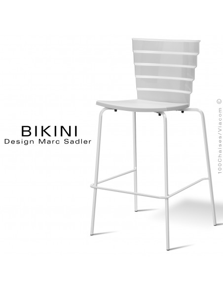 Tabouret de bar design BIKINI, piétement peint blanc, assise coque plastique couleur blanche.