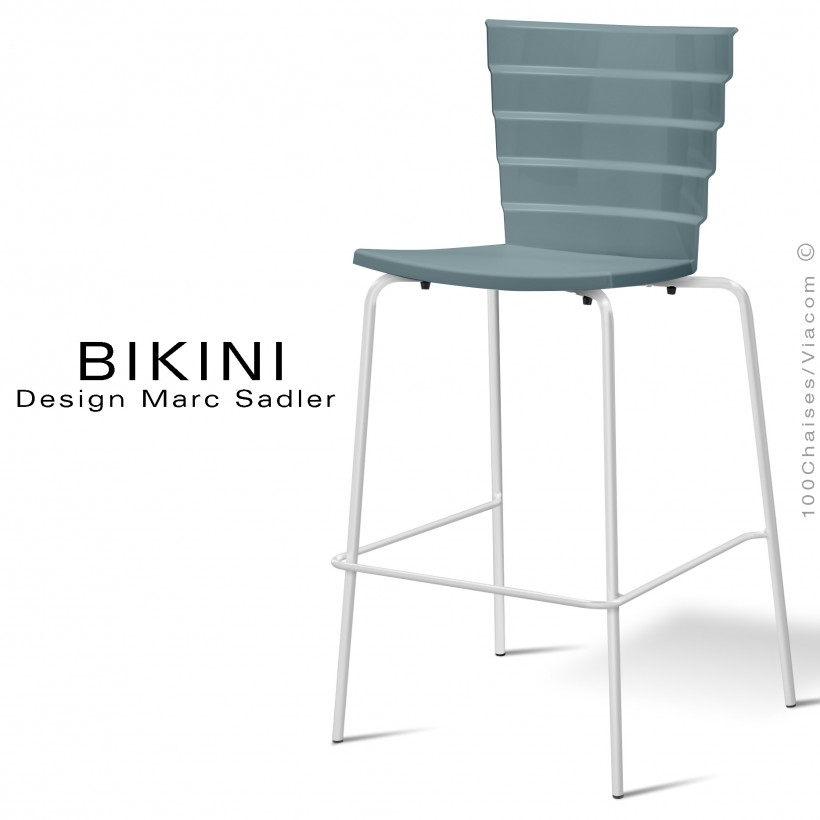 Tabouret de bar design BIKINI, piétement peint blanc, assise coque plastique couleur grise.