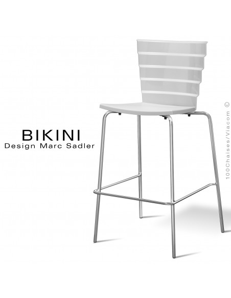 Tabouret de bar design BIKINI, piétement chromé brillant, assise coque plastique couleur blanche.