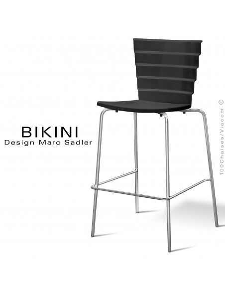 Tabouret de bar design BIKINI, piétement chromé brillant, assise coque plastique couleur noire.