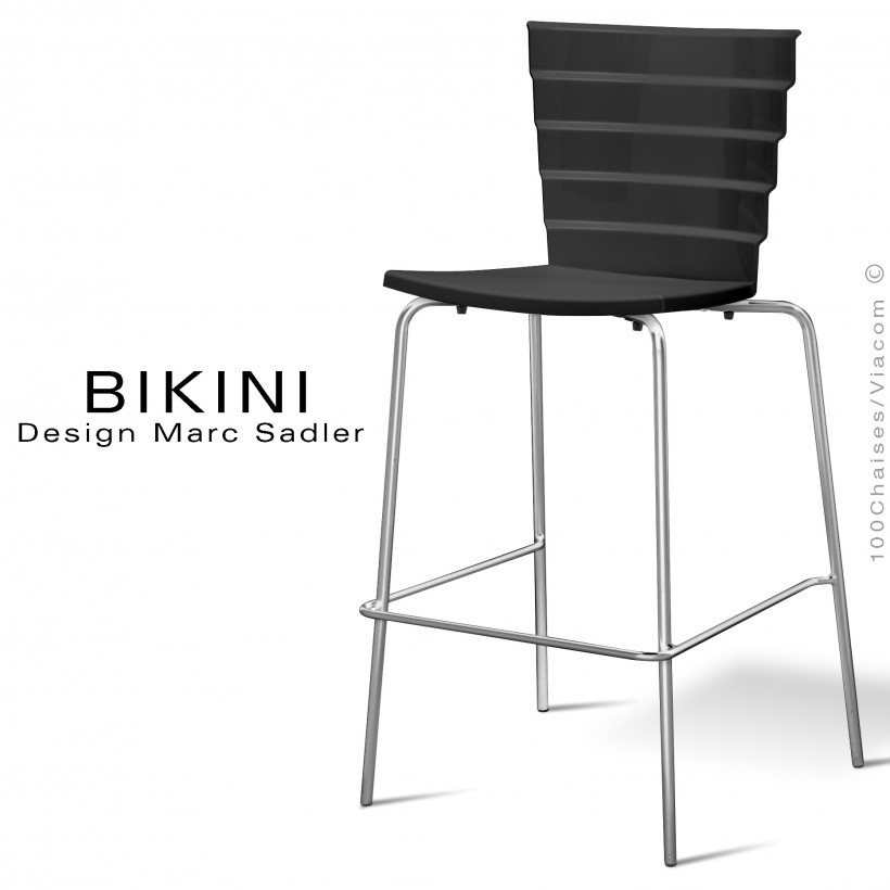 Tabouret de bar design BIKINI, piétement chromé brillant, assise coque plastique couleur noire.