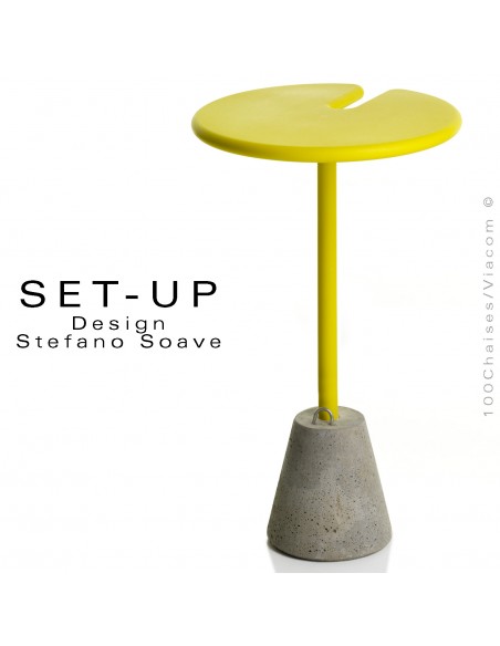 Mange-debout design SET-UP pour votre terrasse, socle plot ciment, colonne et plateau plastique couleur jaune.