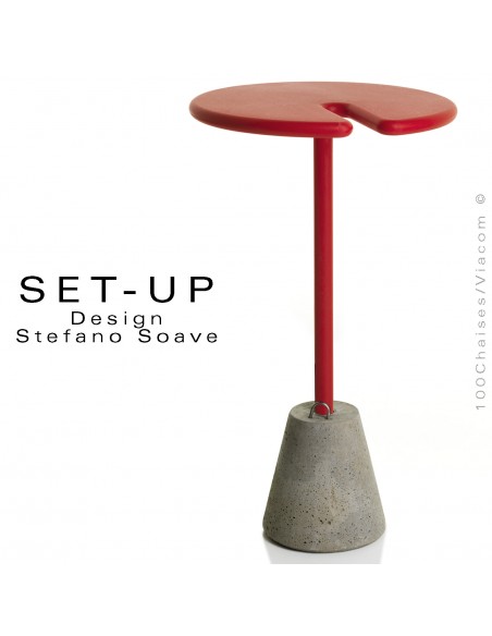 Mange-debout design SET-UP pour votre terrasse, socle plot ciment, colonne et plateau plastique couleur rouge cerise.