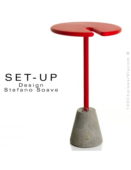 Mange-debout design SET-UP pour votre terrasse, socle plot ciment, colonne et plateau plastique couleur rouge fraise.