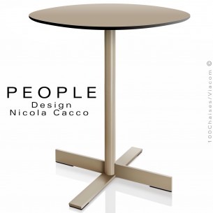 Table ronde design PEOPLE, pour snack, CHR, piétement colonne centrale sur 4 branches peint sable, plateau HPL sable.