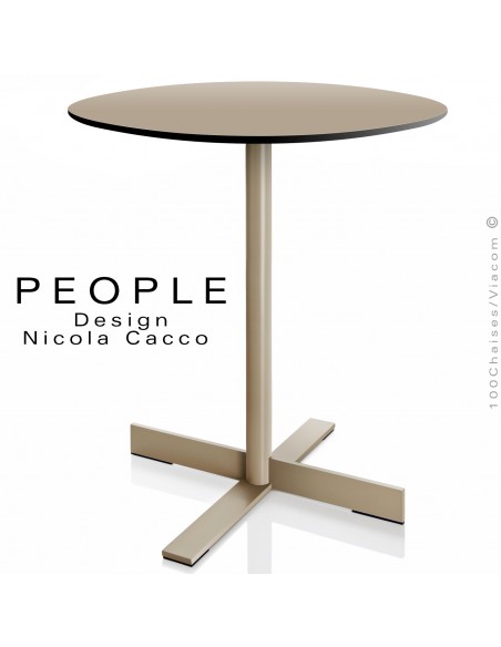 Table ronde design PEOPLE, pour snack, CHR, piétement colonne centrale sur 4 branches peint sable, plateau HPL sable.