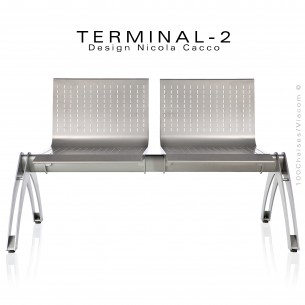 Banc deux places design TERMINAL, pour intérieur et extérieur, assise micro-perforée, finition peinture gris-aluminium.