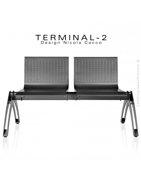 Banc deux places design TERMINAL, pour intérieur et extérieur, assise micro-perforée, finition peinture noir.