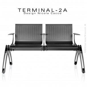 Banc deux places design TERMINAL, structure acier peint anthracite pour intérieur et extérieur avec accoudoirs.