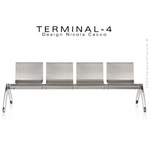 Banc design TERMINAL, 4 places pour salle d'attente, finition peinture gris-aluminium.