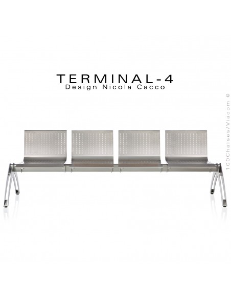 Banc design TERMINAL, 4 places pour salle d'attente, finition peinture gris-aluminium.
