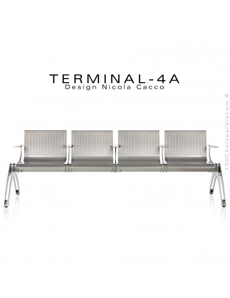 Banc design TERMINAL assise 4 places en acier avec accoudoirs finition peinture polyester gris-aluminium.