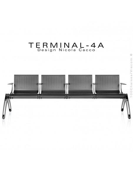 Banc design TERMINAL assise 4 places en acier avec accoudoirs finition peinture polyester anthracite.