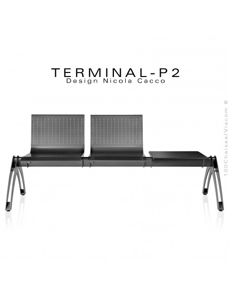 Banc design 3 places TERMINAL avec porte revue, finition peinture anthracite.